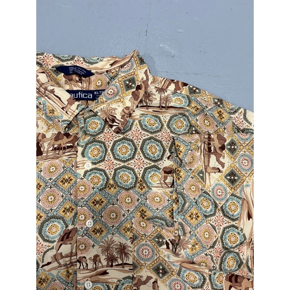 Vintage 90s Nautica 100% Rayon AOP Camel Desert Print Shirt Mens XL Short Sleeve